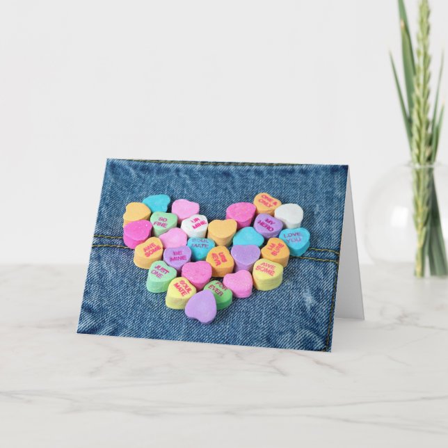 Valentine Candy Hearts on Denim Helgkort (Framsida)