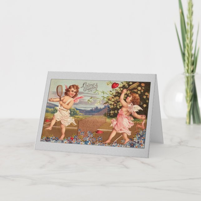 Valentine Card-Cupids spelar tennis Helgkort (Framsida)