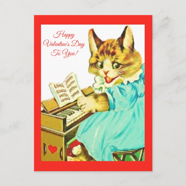 Valentine Cat spelar Piano Glad Alla hjärtans dag! Vykort (Framsida)
