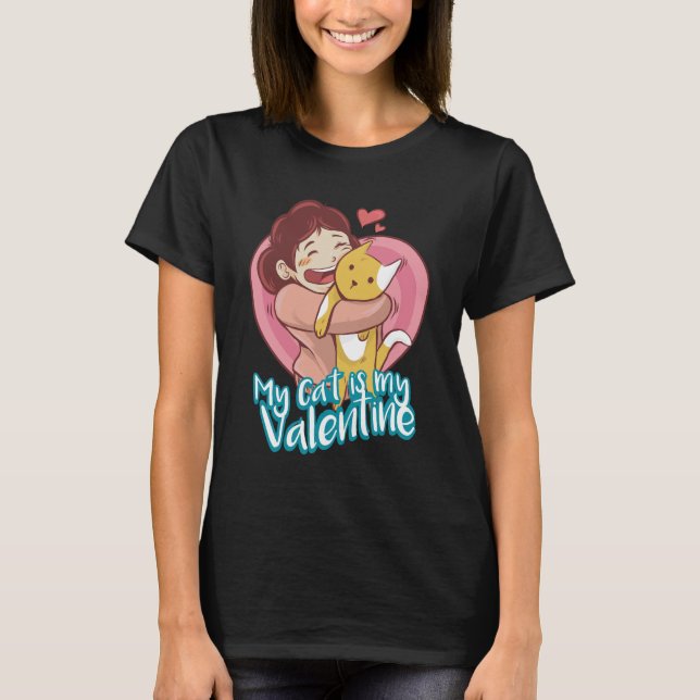 Valentine Cat Women Black  T Shirt (Framsida)