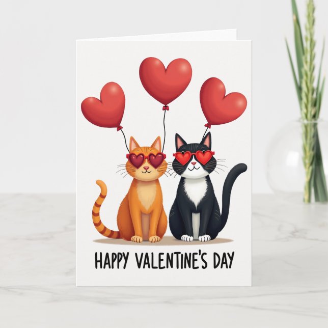 Valentine Cats Heart Glasses Card Kort (Framsida)