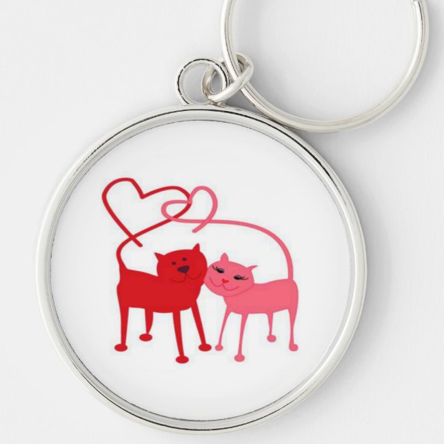 Valentine Cats Premium Round Rund Silverfärgad Nyckelring (Framsidan)