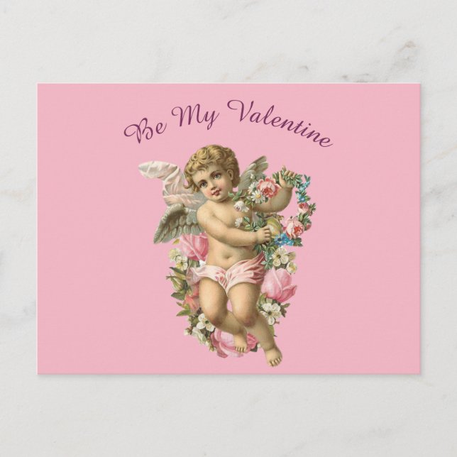 Valentine Cherub med blommor i Rosa Vykort (Framsida)
