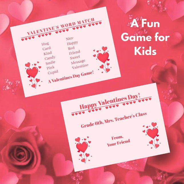 Valentine Classroom Game-Word Match Anteckningskort (Valentine Classroom Game-Word Match Note Card for Kids)