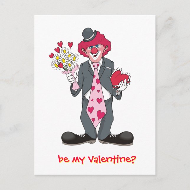 Valentine Clown with Flowers and Chocolate Helg Vykort (Framsida)