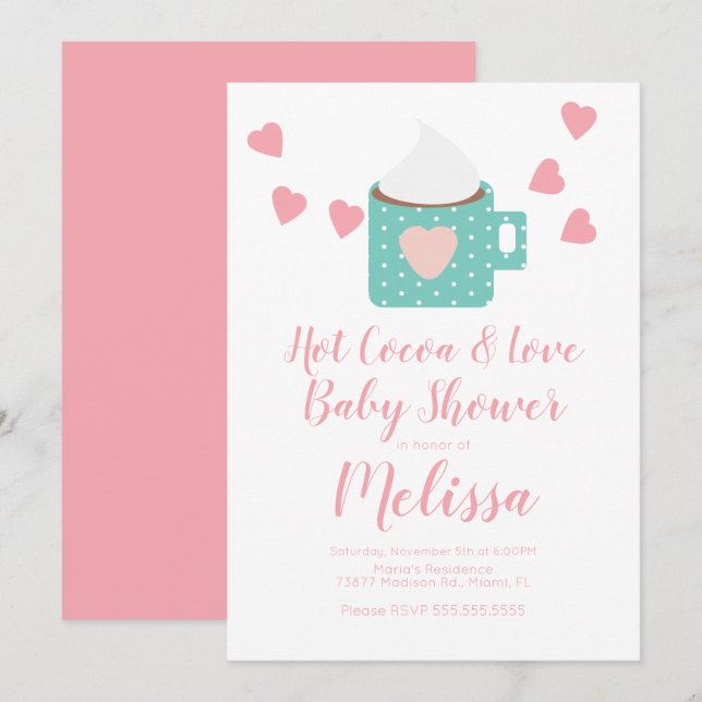 Valentine Cocoa Campfire Mugg Tjej Baby Shower Ros Inbjudningar (Fram/baksida)
