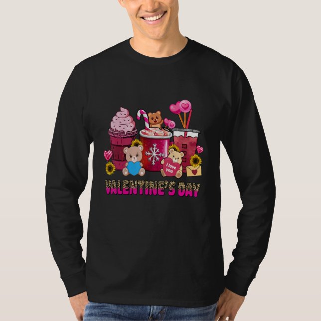 Valentine Coffee Latte Lover Cute Pink Bear Valent T Shirt (Framsida)