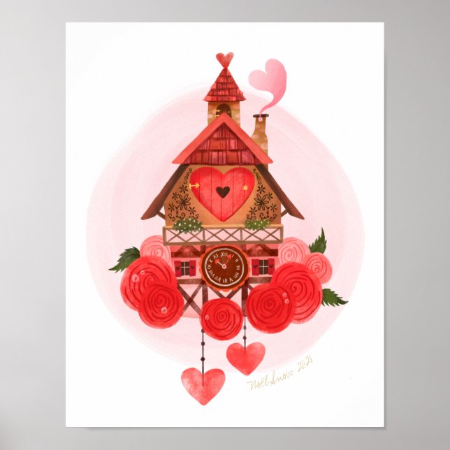 Valentine Cuckoo Clock Art Skriv ut Poster (Framsidan)