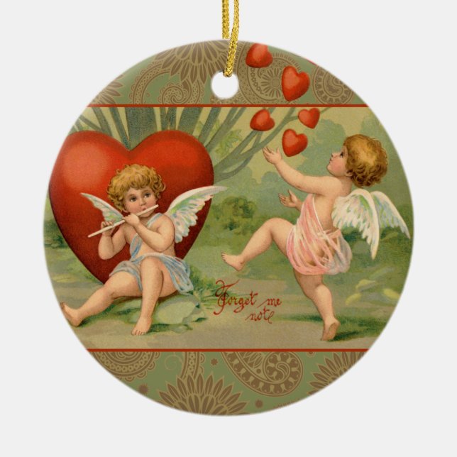 Valentine Cupids Kärlek Antique Vintage Julgransprydnad Keramik (Framsidan)