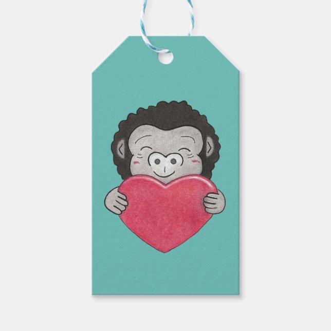 Valentine Cute Gorilla Tecknad Heart Gift Märkre Presentetikett (Framsidan)