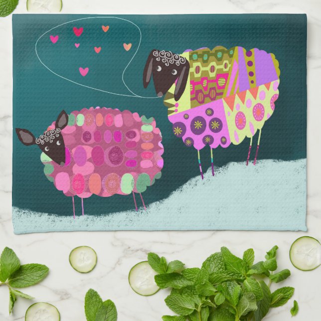 Valentine Cute Sheep Kitchen Tea Towel Kökshandduk (Vikta)