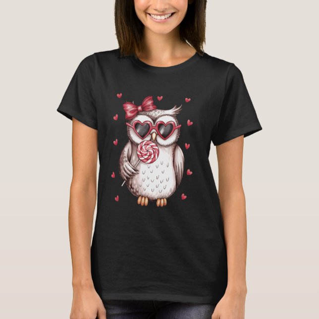 Valentine Cute Uggla Älskare Slickar Lollipop T Shirt (Framsida)