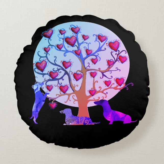 Valentine Dachshund Hearts Round throw cushion Rund Kudde (Framsidan)