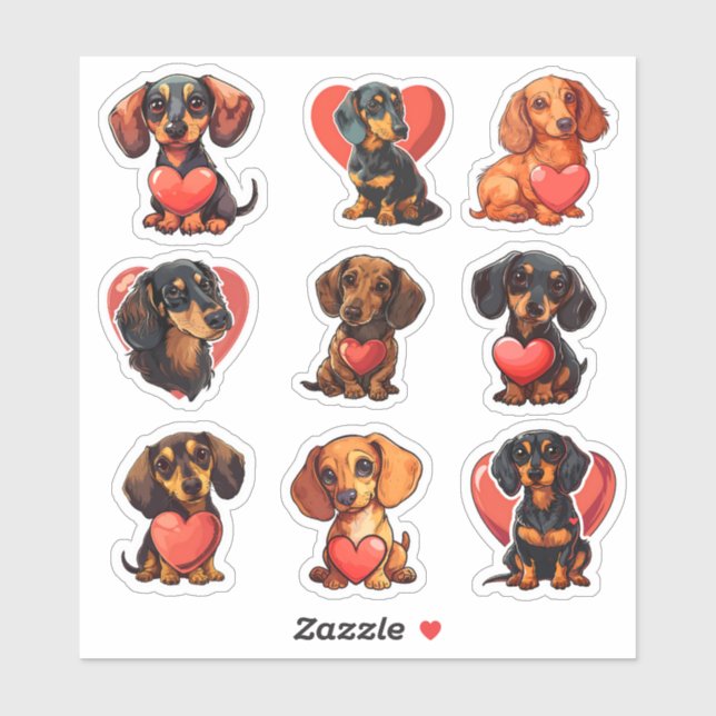 Valentine Dachshund-hund med 9 klistermärken (Ark)