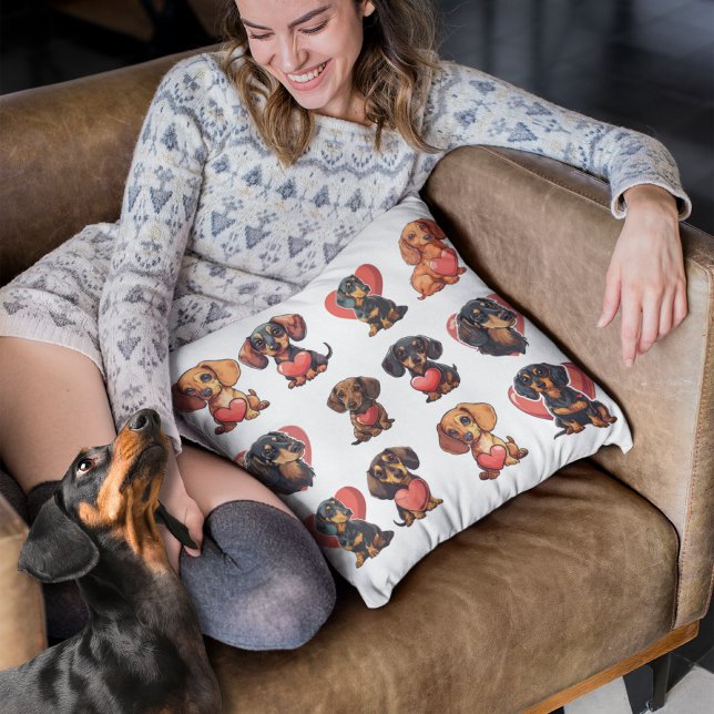 Valentine Dachshund Watercolor hund hjärta Kudde (Valentine Dachshund Watercolor dog heart Throw Pillow)