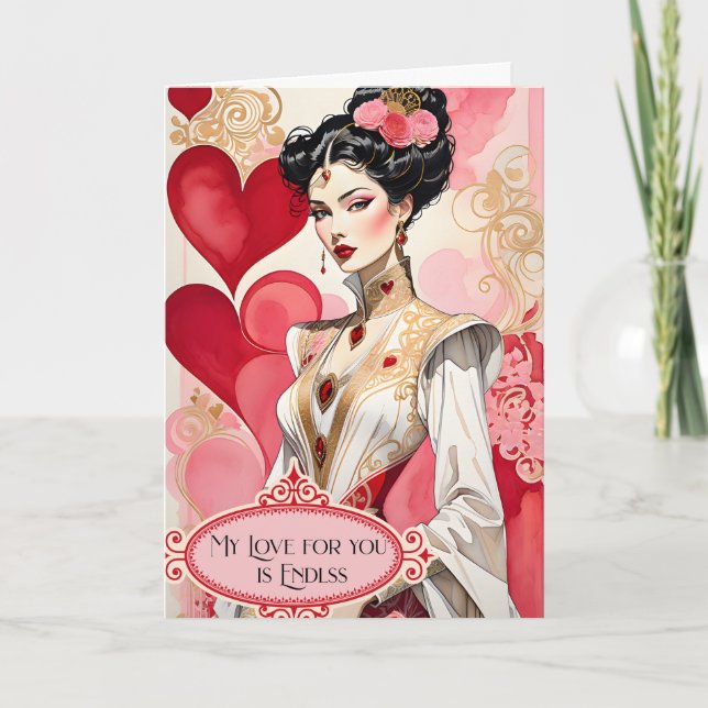 Valentine Dam i Elegant White och Red Gown Meddelande (Framsida)