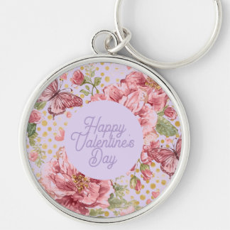 Valentine Days,Elegant,Purple Peach Flowers Patter Rund Silverfärgad Nyckelring