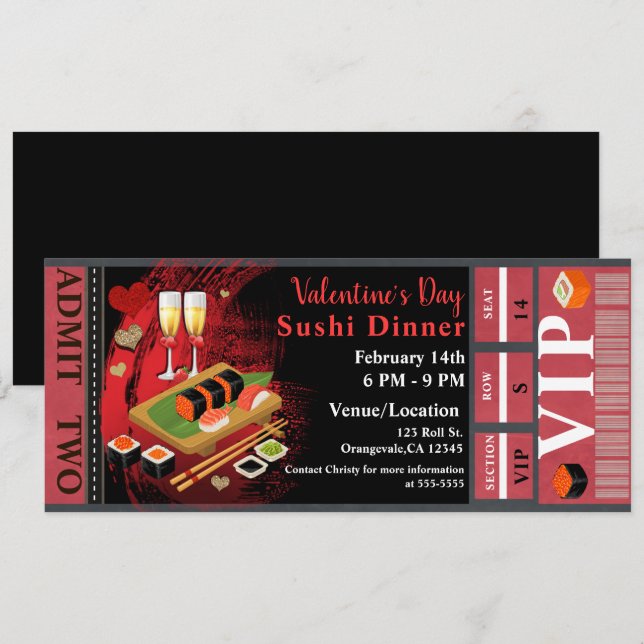 Valentine Dinner Black Red Sushi Party VIP Biljett Inbjudningar (Fram/baksida)