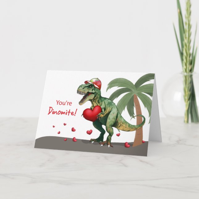 Valentine Dinosaur med Hat och Hearts Kort (Framsida)