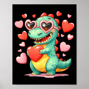 Valentine Dinosaur Trex Håller Hjärtat Flickan Sun Poster