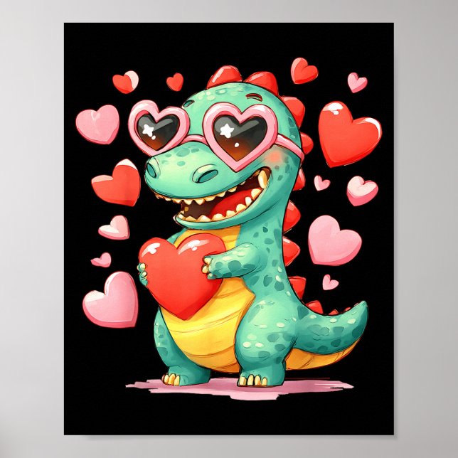 Valentine Dinosaur Trex Håller Hjärtat Flickan Sun Poster (Framsidan)