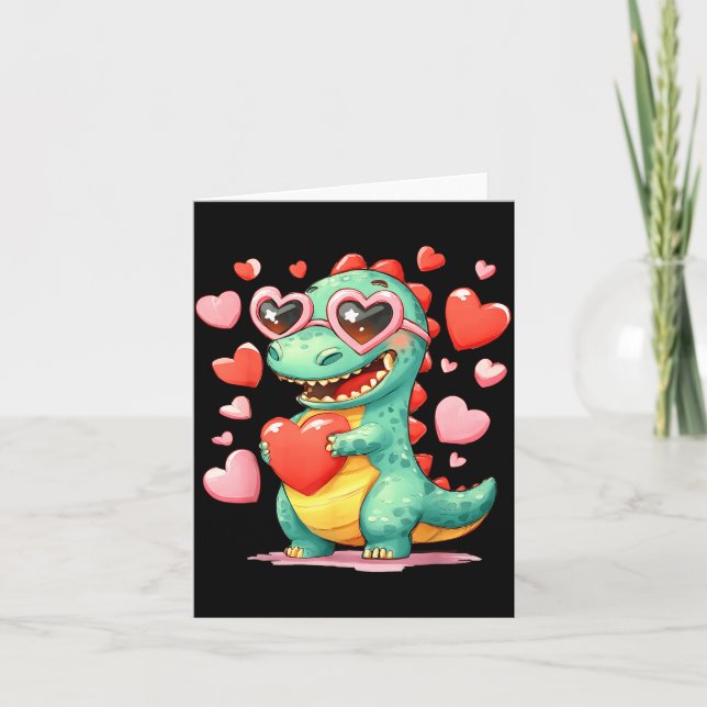 Valentine Dinosaur Trex Holding Heart Girl Sunl Bo Kort (Framsida)