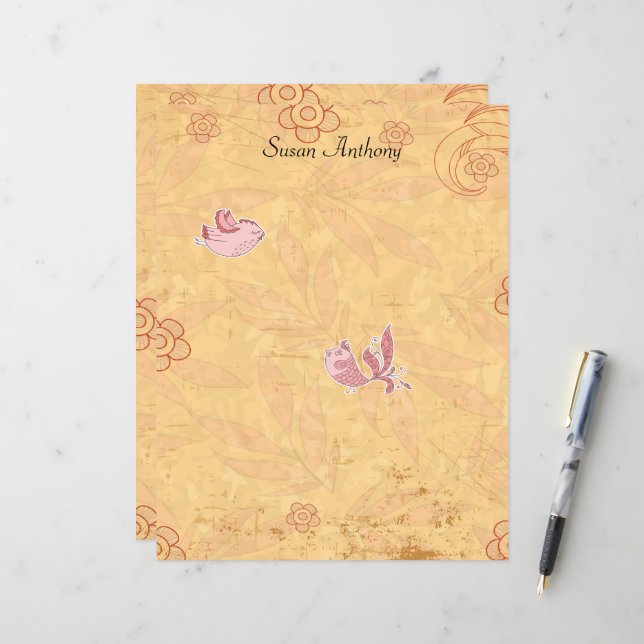 Valentine Distress Cute Birds Stationary Papper (Fram/Back In Situ)