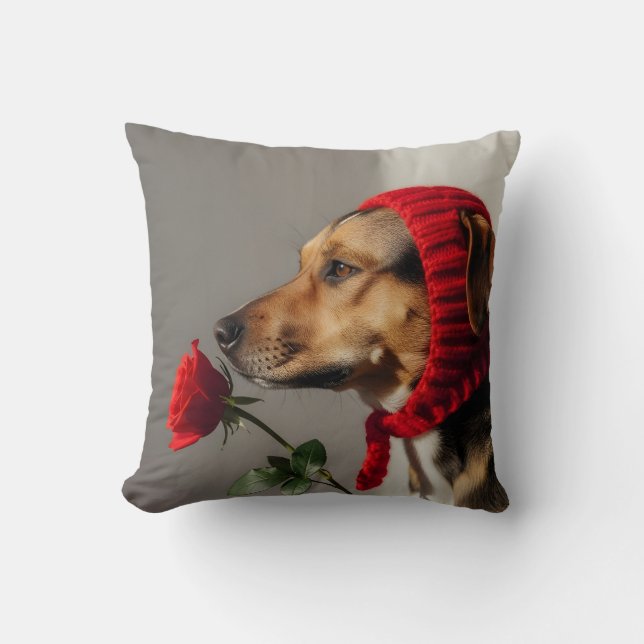 Valentine dog holding rose portrait, cute dog kudde (Framsida)