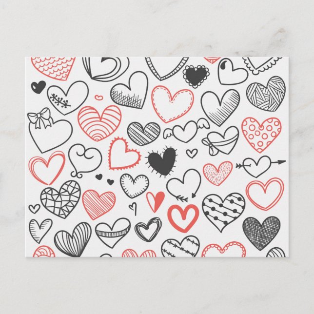 Valentine doodle hjärtar röd och svart hipster helg vykort (Framsida)