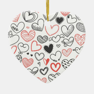 Valentine doodle hjärtar röd och svart hipster julgransprydnad keramik