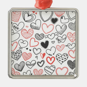 Valentine doodle hjärtar röd och svart hipster julgransprydnad metall