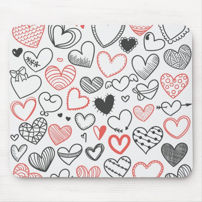 Valentine doodle hjärtar röd och svart hipster musmatta (Framsidan)