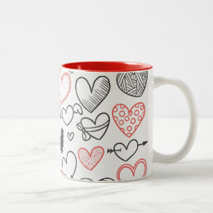 Valentine doodle hjärtar röd och svart hipster Två-Tonad mugg