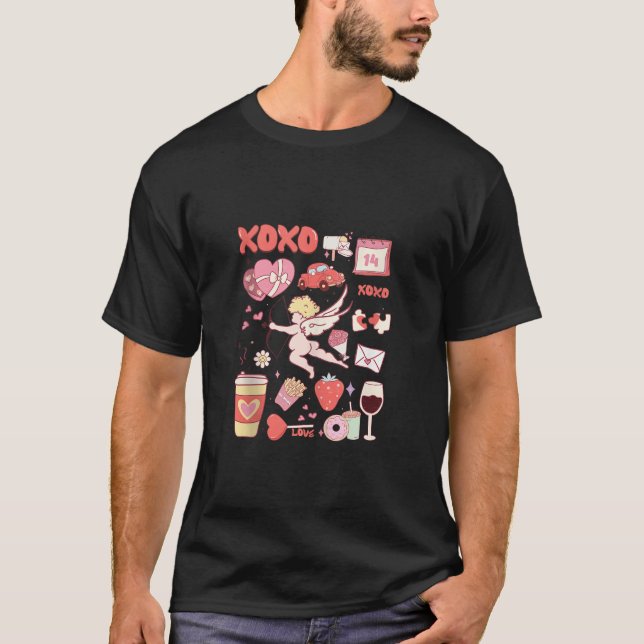 Valentine Doodles Collage Cupid Candy Vin Coffee T Shirt (Framsida)