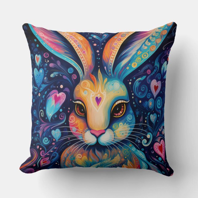 Valentine Dream Hearts: Rainbow Doodle Bunny Kudde (Framsida)