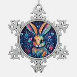 Valentine Dream Hearts: Rainbow Doodle Bunny Snöflinga Pewter Julgransprydnad