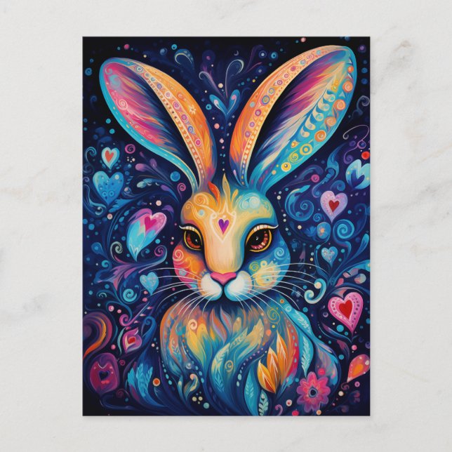 Valentine Dream Hearts: Rainbow Doodle Bunny Vykort (Framsida)