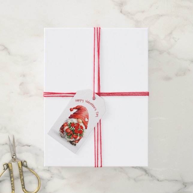 Valentine-dvärg med rödbukett presentetikett (Med Snöre)