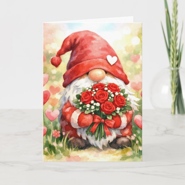 Valentine-dvärg med rött rosbouquet kort (Framsida)