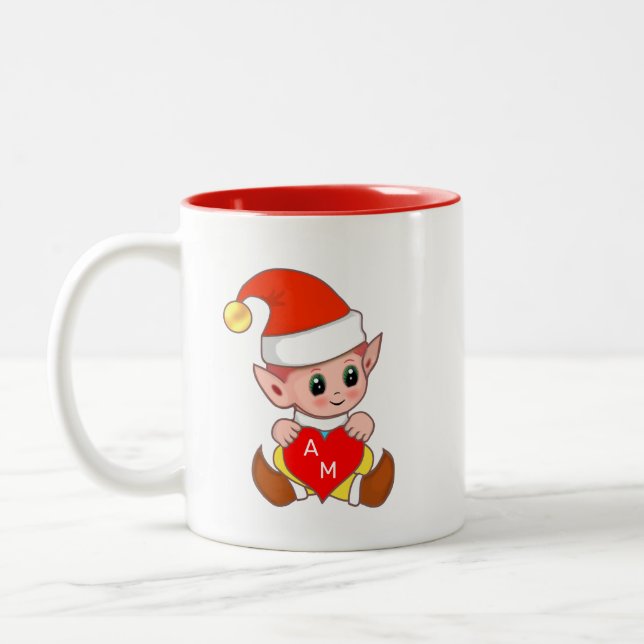 Valentine Elf med hjärta och monogram Två-Tonad Mugg (Vänster)