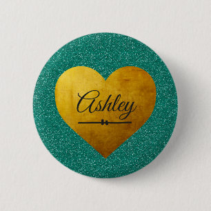 Valentine Emerald Glitter Guld Heart - eget namn Knapp