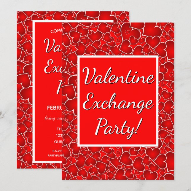 Valentine Exchange Party Firande Red Hearts Inbjudningar (Fram/baksida)