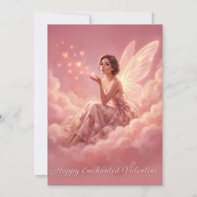 Valentine Fairy on Pink Clouds Fantasy Art Julkort (Framsida)