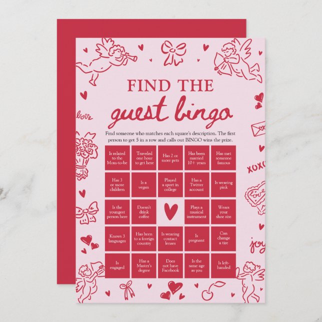 Valentine Find the Guest Bingo Baby Shower Game Inbjudningar (Fram/baksida)