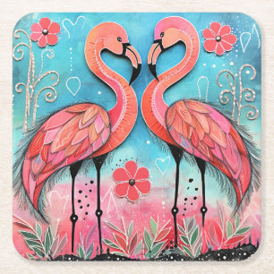 Valentine Flamingo Art Underlägg Papper Kvadrat