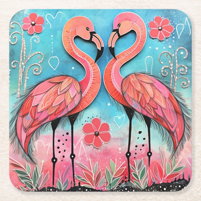 Valentine Flamingo Art Underlägg Papper Kvadrat (Framsidan)