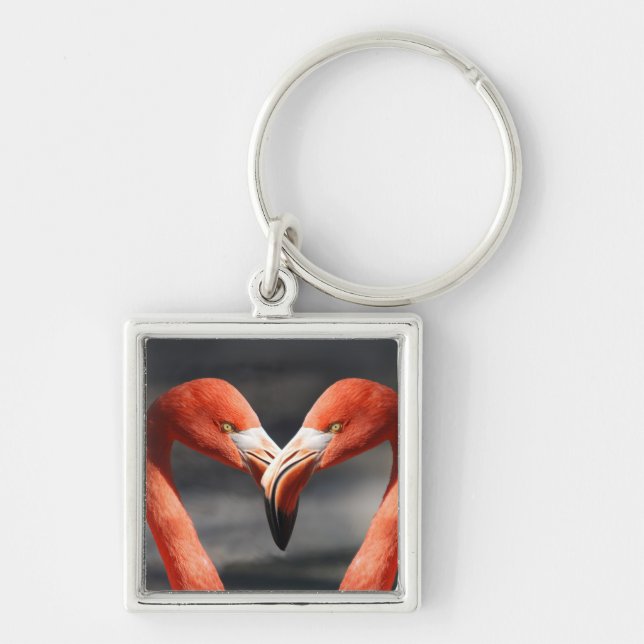 Valentine Flamingo Fyrkantig Silverfärgad Nyckelring (Framsidan)