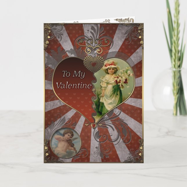 Valentine - Flickan med en bukett blommor. Helgkort (Framsida)