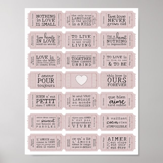 Valentine Fransk Kärlek Quote Printable Biljett Poster (Framsidan)