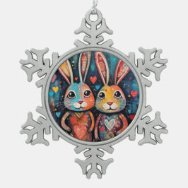 Valentine Friends Bunnies Long öron hjärtan Snöflinga Pewter Julgransprydnad
